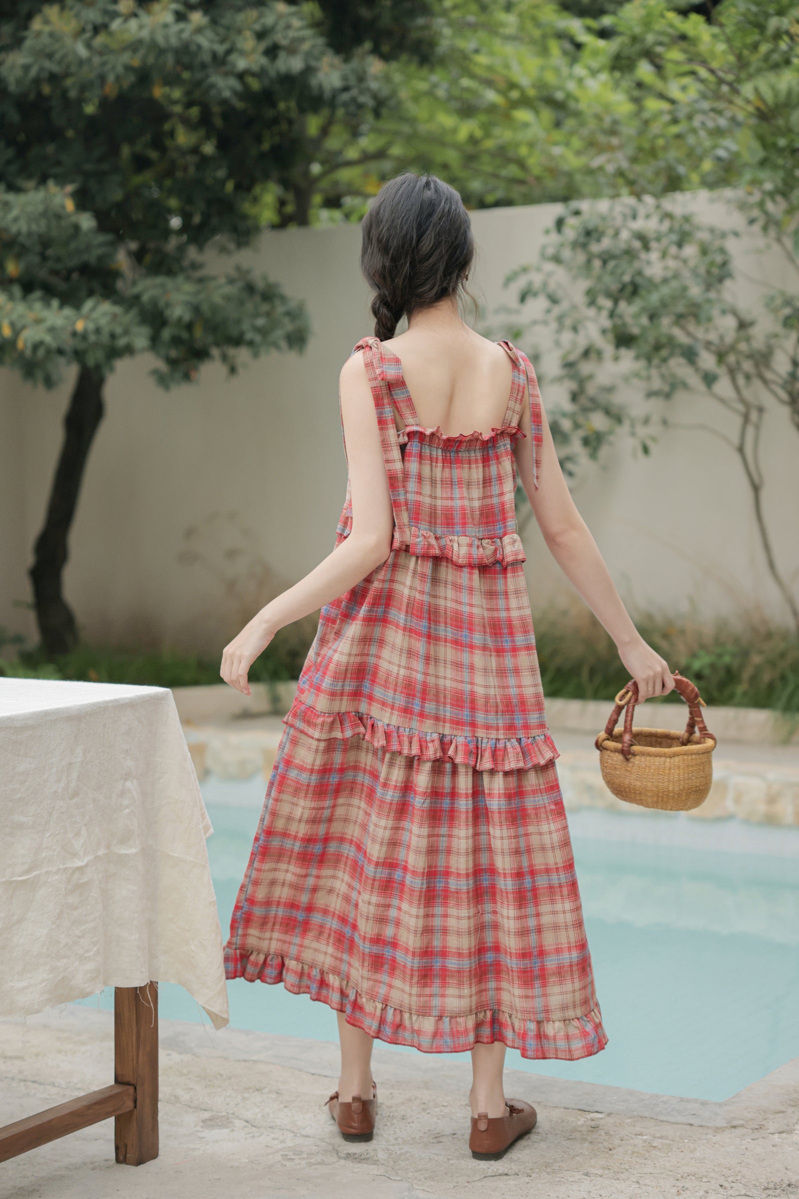 Vintage Red Plaid Ruffle Hem Maxi Dress - Masion Chérie