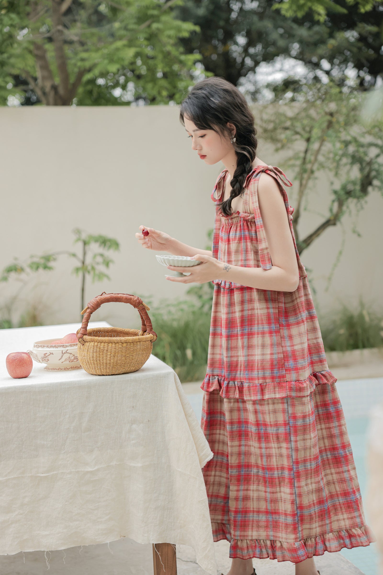 Vintage Red Plaid Ruffle Hem Maxi Dress - Masion Chérie