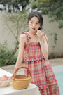 Vintage Red Plaid Ruffle Hem Maxi Dress - Masion Chérie