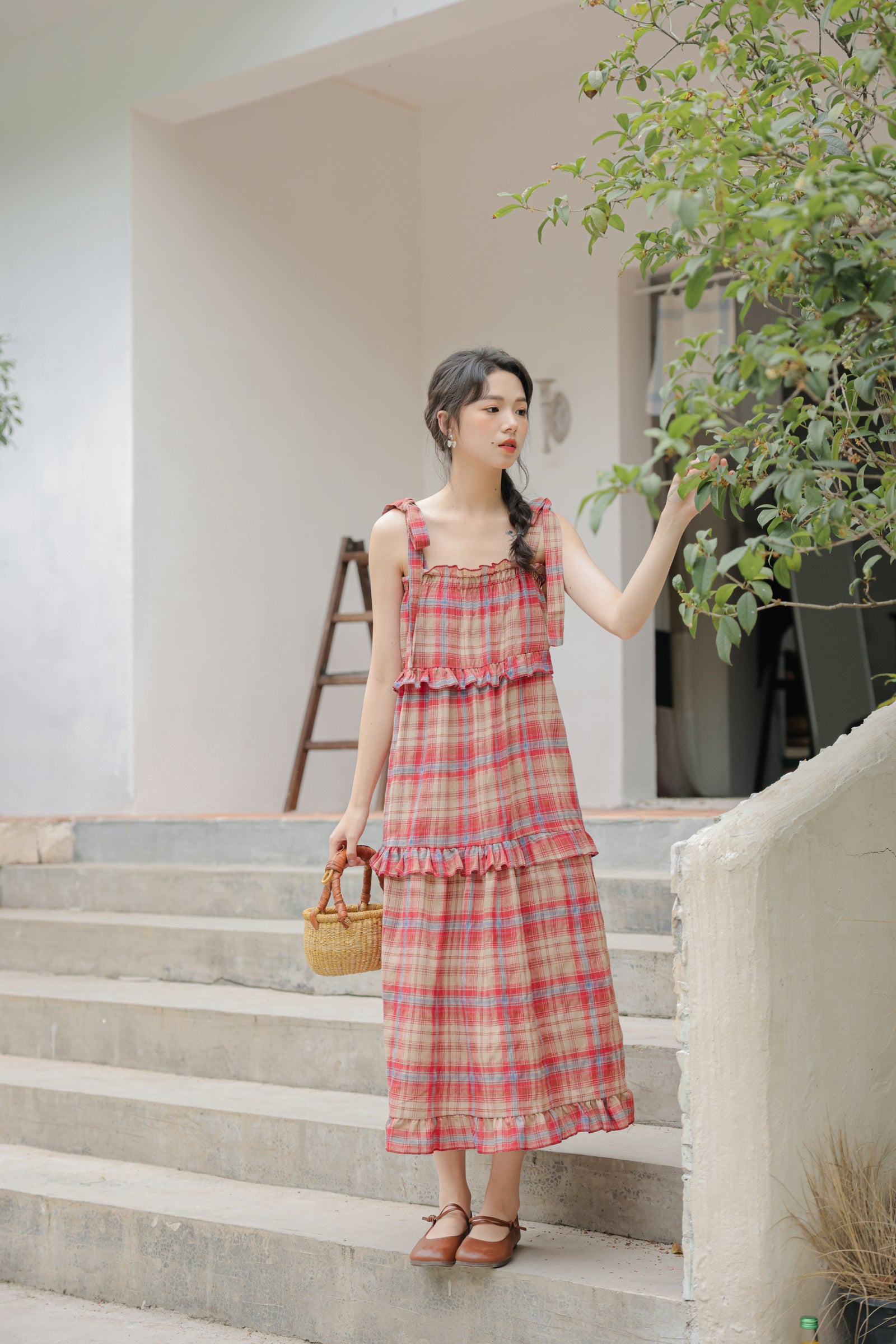 Vintage Red Plaid Ruffle Hem Maxi Dress - Masion Chérie