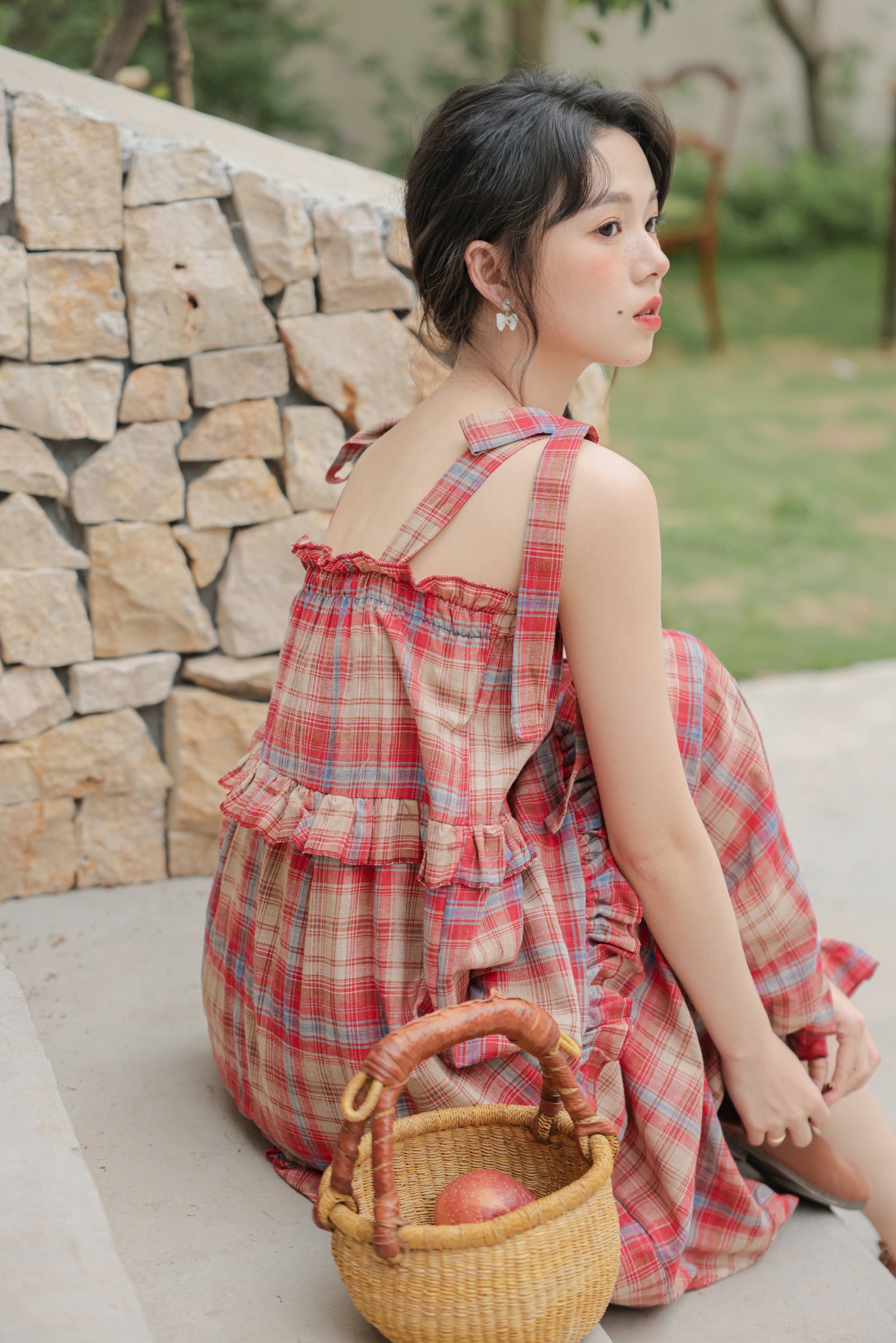 Vintage Red Plaid Ruffle Hem Maxi Dress - Masion Chérie