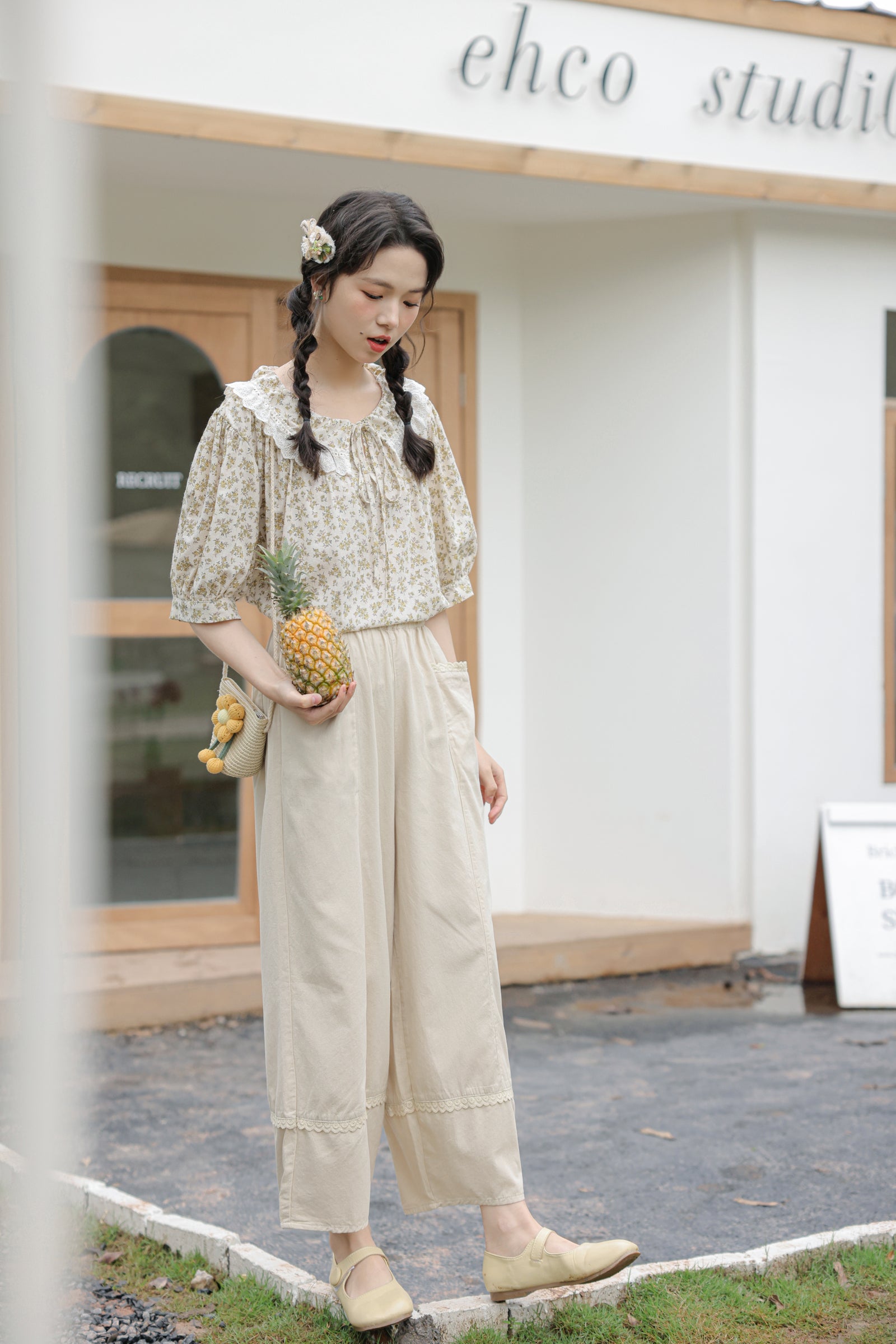 High-Waisted Beige Lace Trim Wide-Leg Pants - Masion Chérie