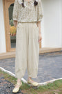 High-Waisted Beige Lace Trim Wide-Leg Pants - Masion Chérie