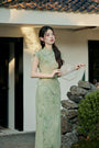 Elegant Green Floral Embroidered Cheongsam Set Dress - Masion Chérie 