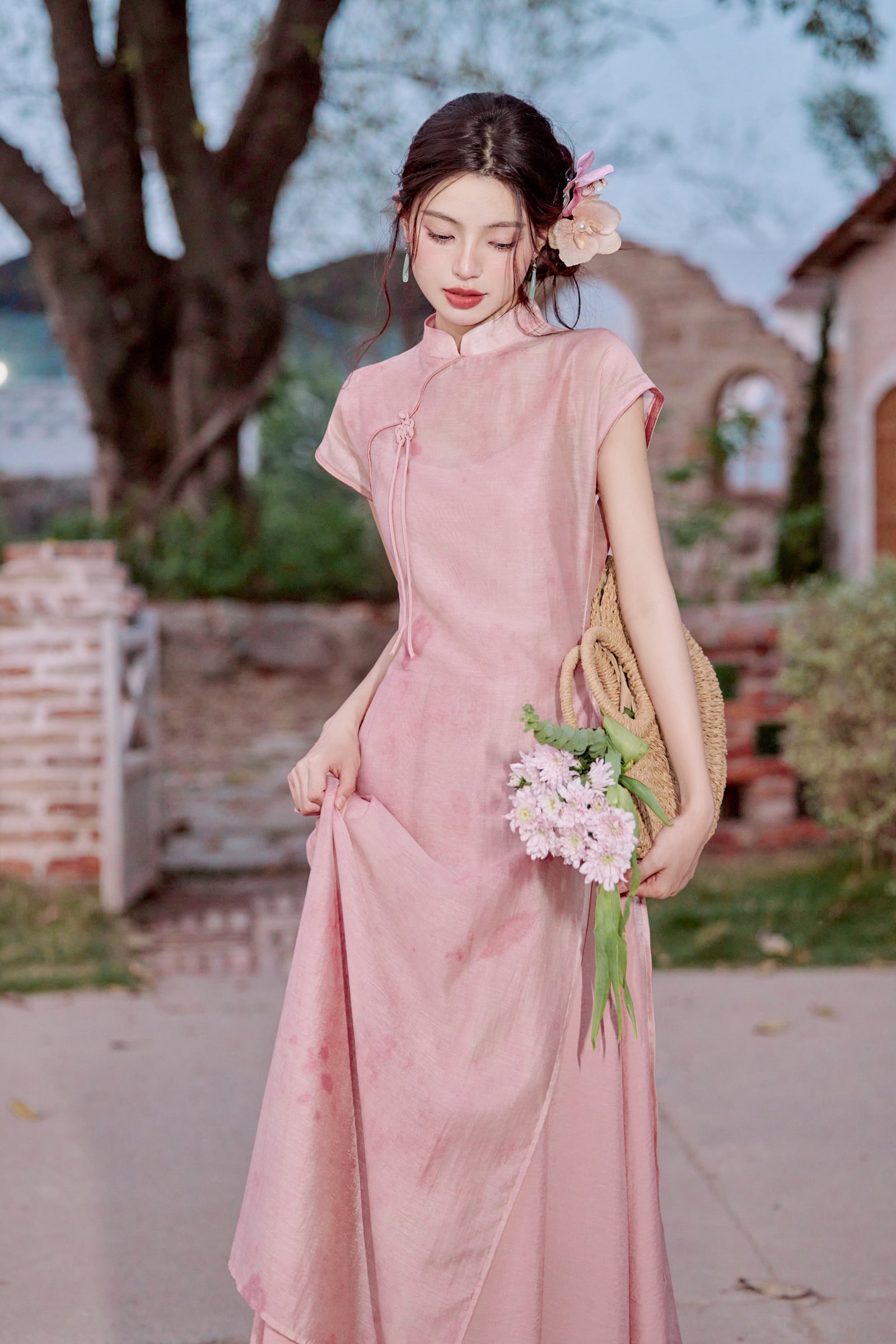 Vintage Pink Modified Cheongsam Dress Two-Piece Set - Masion Chérie