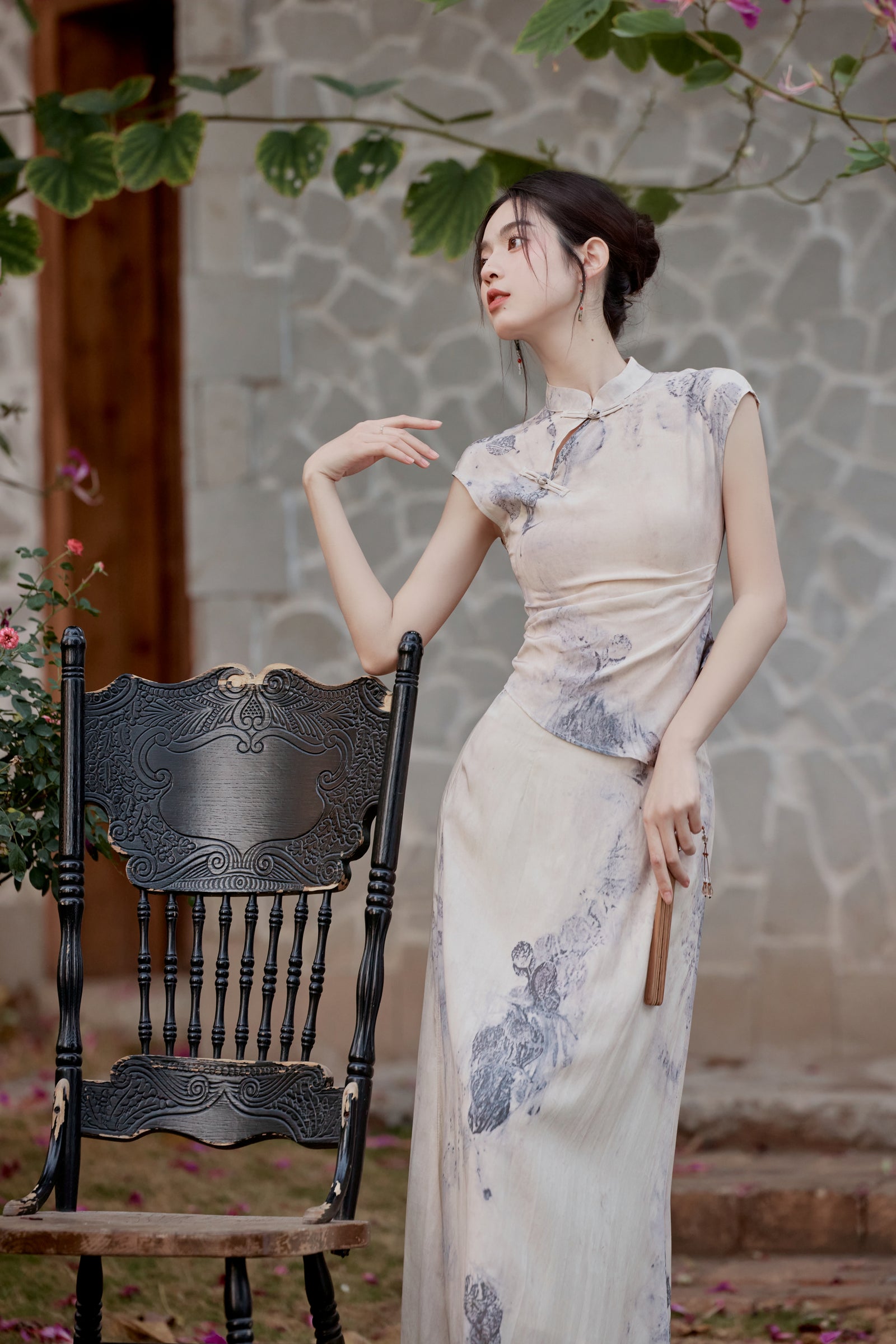 Elegant Ink Wash Gradient Modified Cheongsam Dress Set - Masion Chérie