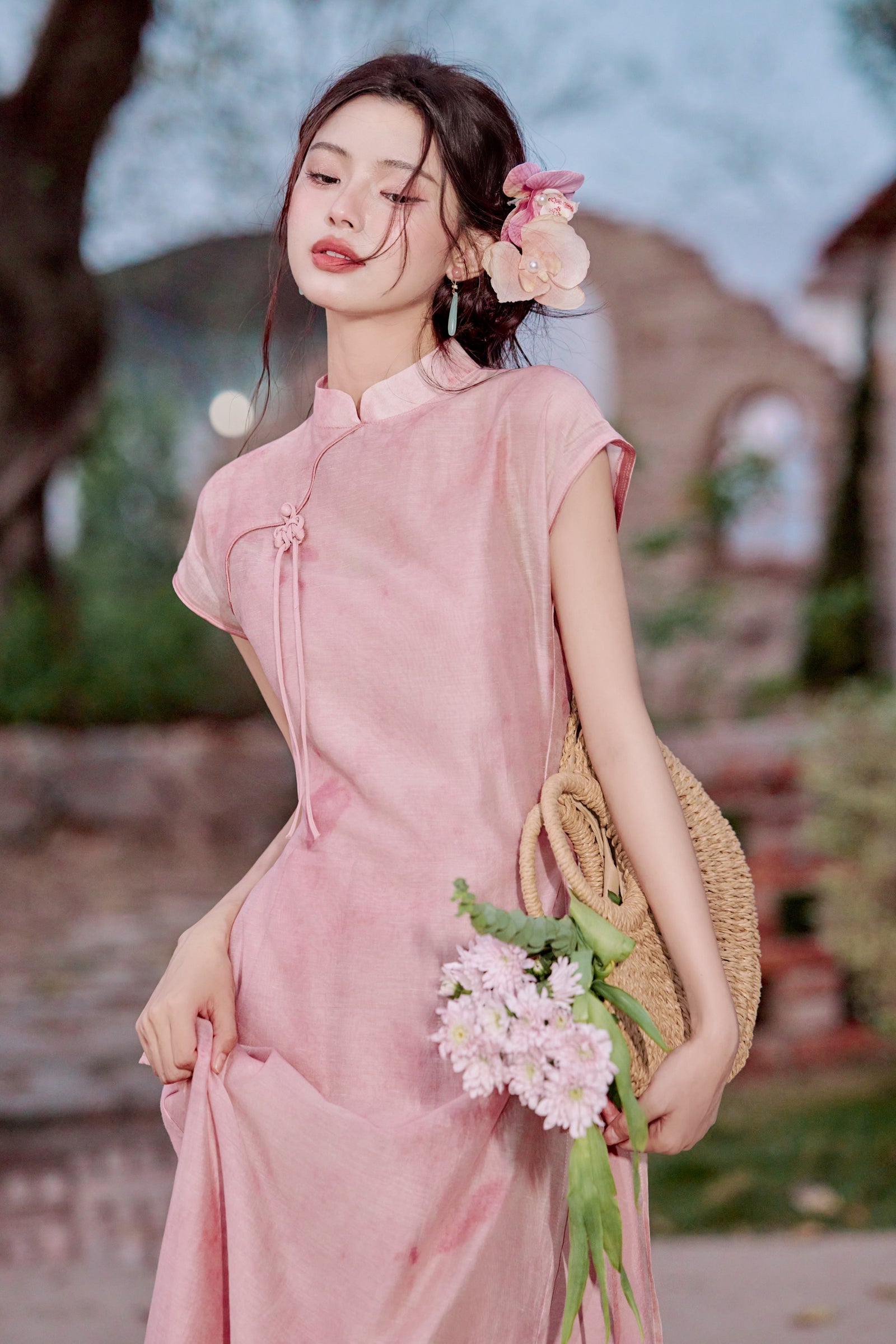 Vintage Pink Modified Cheongsam Dress Two-Piece Set - Masion Chérie