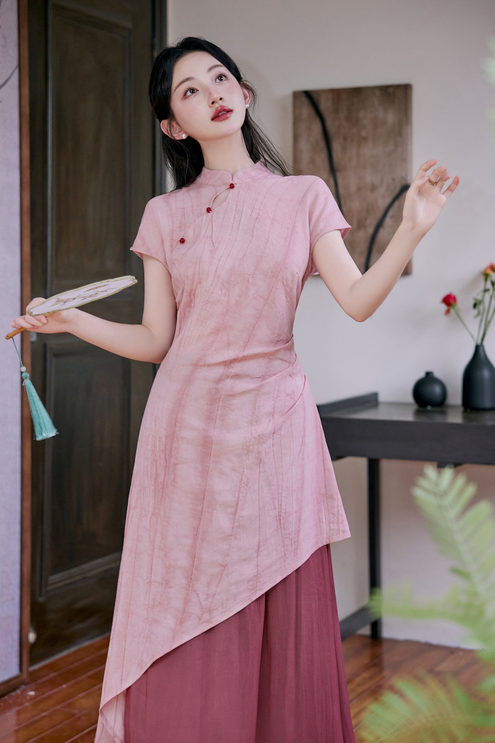 Peach Blossom Asymmetric Cheongsam Dress