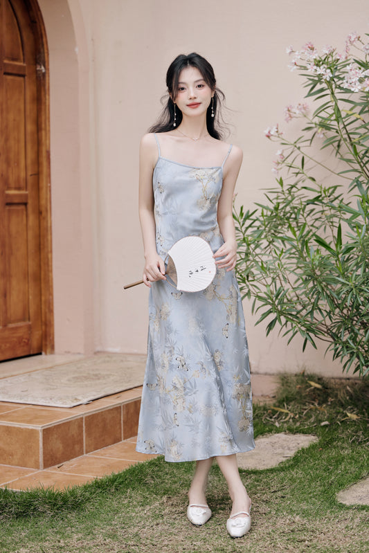 Ethereal Blue Floral Satin Midi Dress