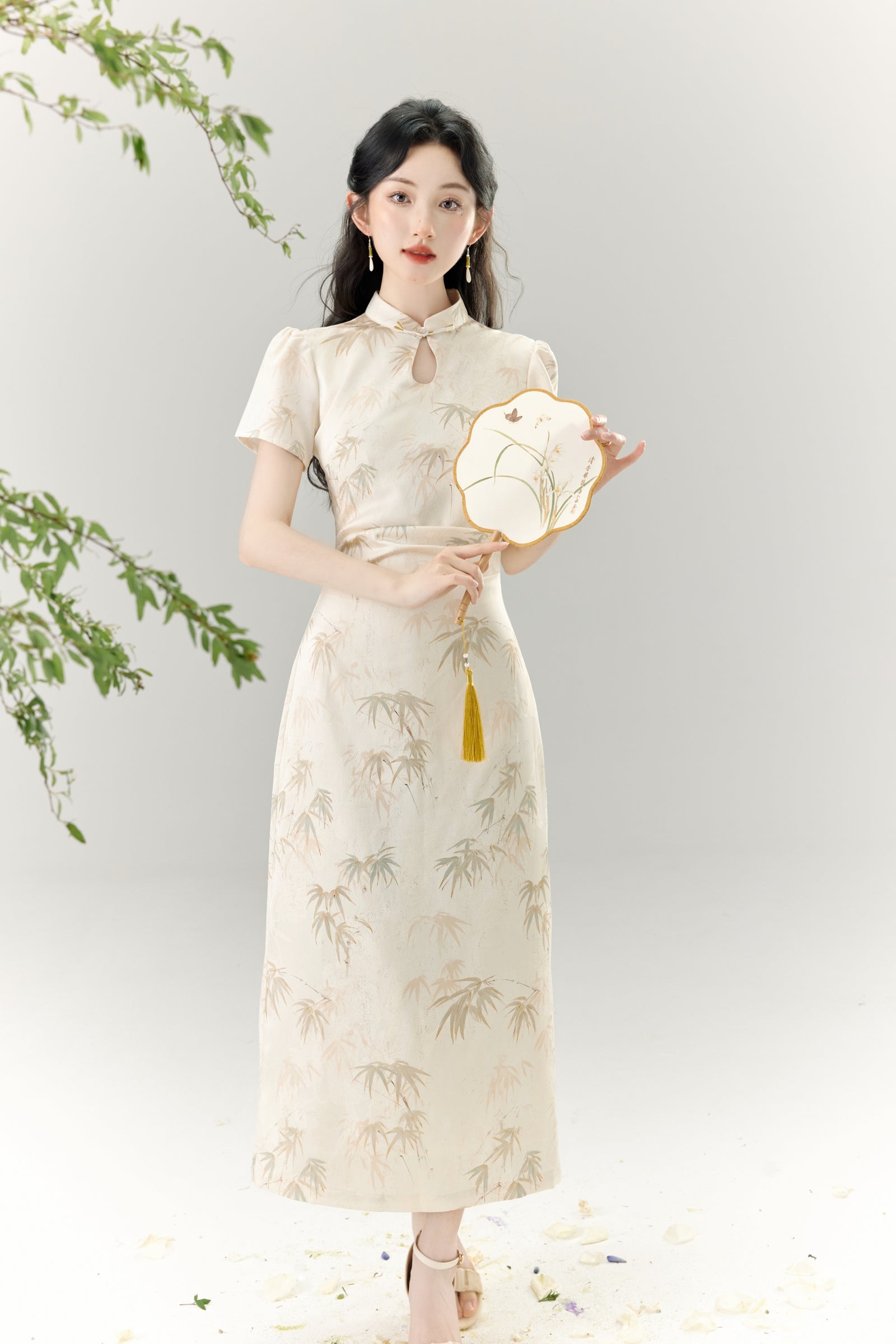 Elegant Bamboo Print Cheongsam Dress - Masion Chérie