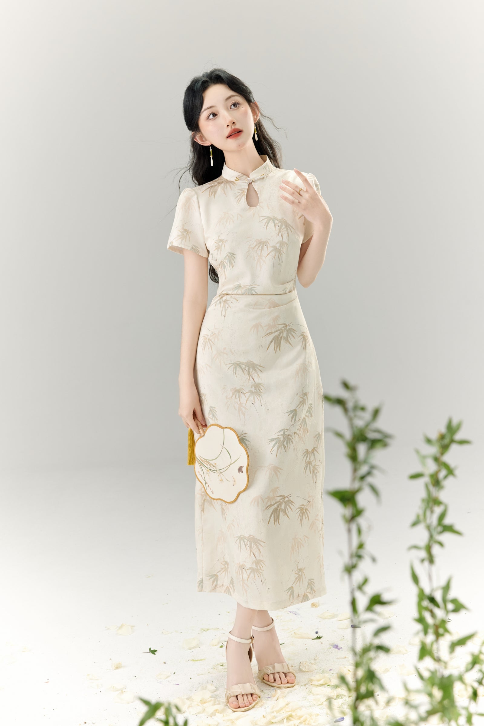 Elegant Bamboo Print Cheongsam Dress - Masion Chérie