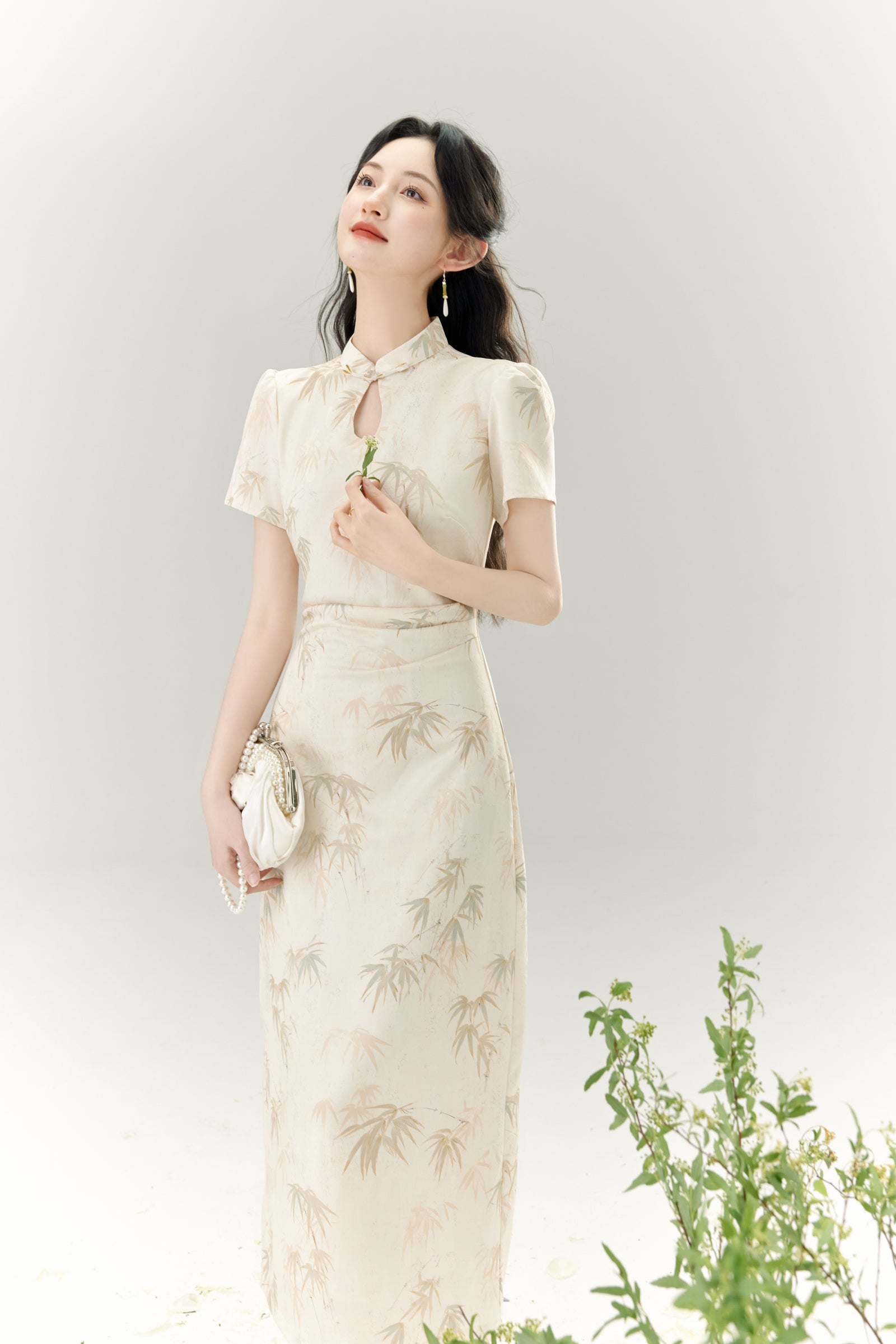 Elegant Bamboo Print Cheongsam Dress - Masion Chérie