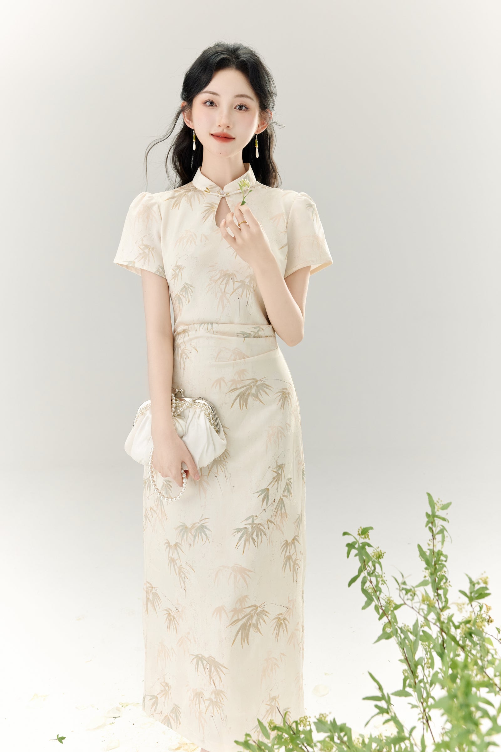 Elegant Bamboo Print Cheongsam Dress - Masion Chérie