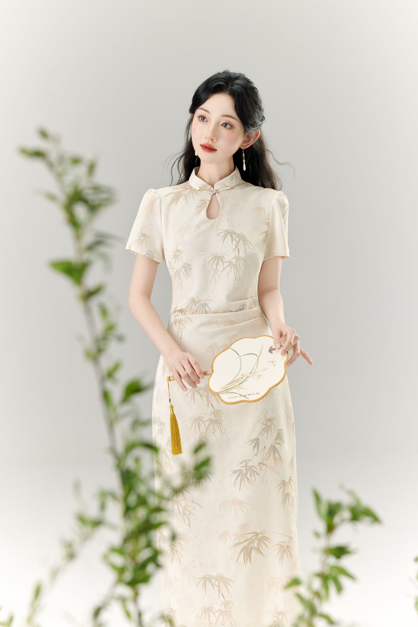 Elegant Bamboo Print Cheongsam Dress - Masion Chérie