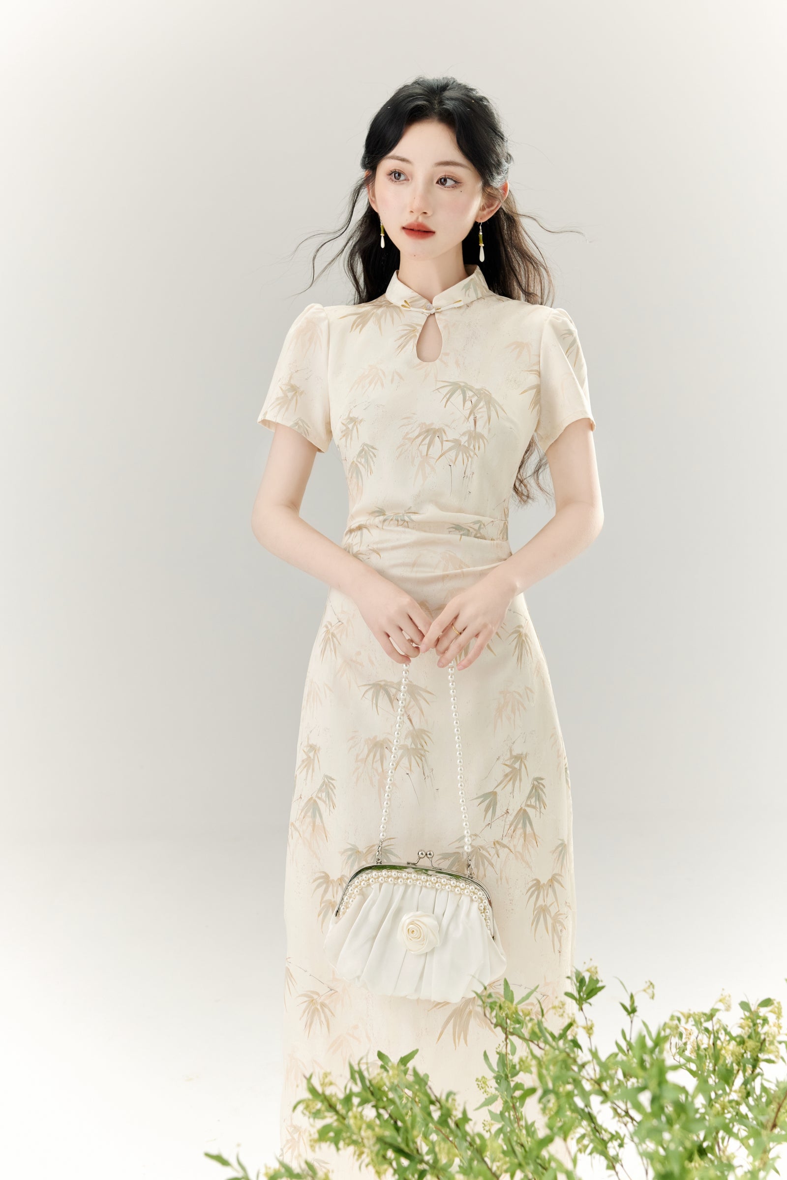 Elegant Bamboo Print Cheongsam Dress - Masion Chérie