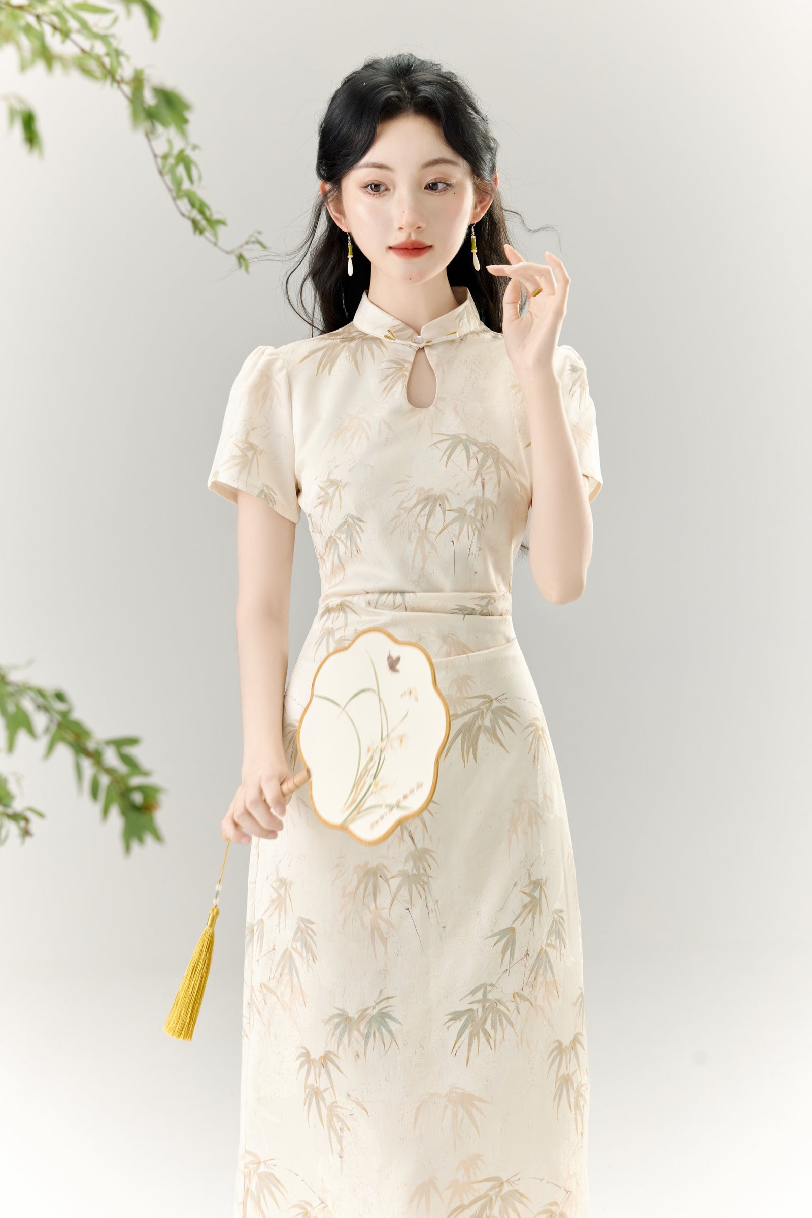 Elegant Bamboo Print Cheongsam Dress - Masion Chérie