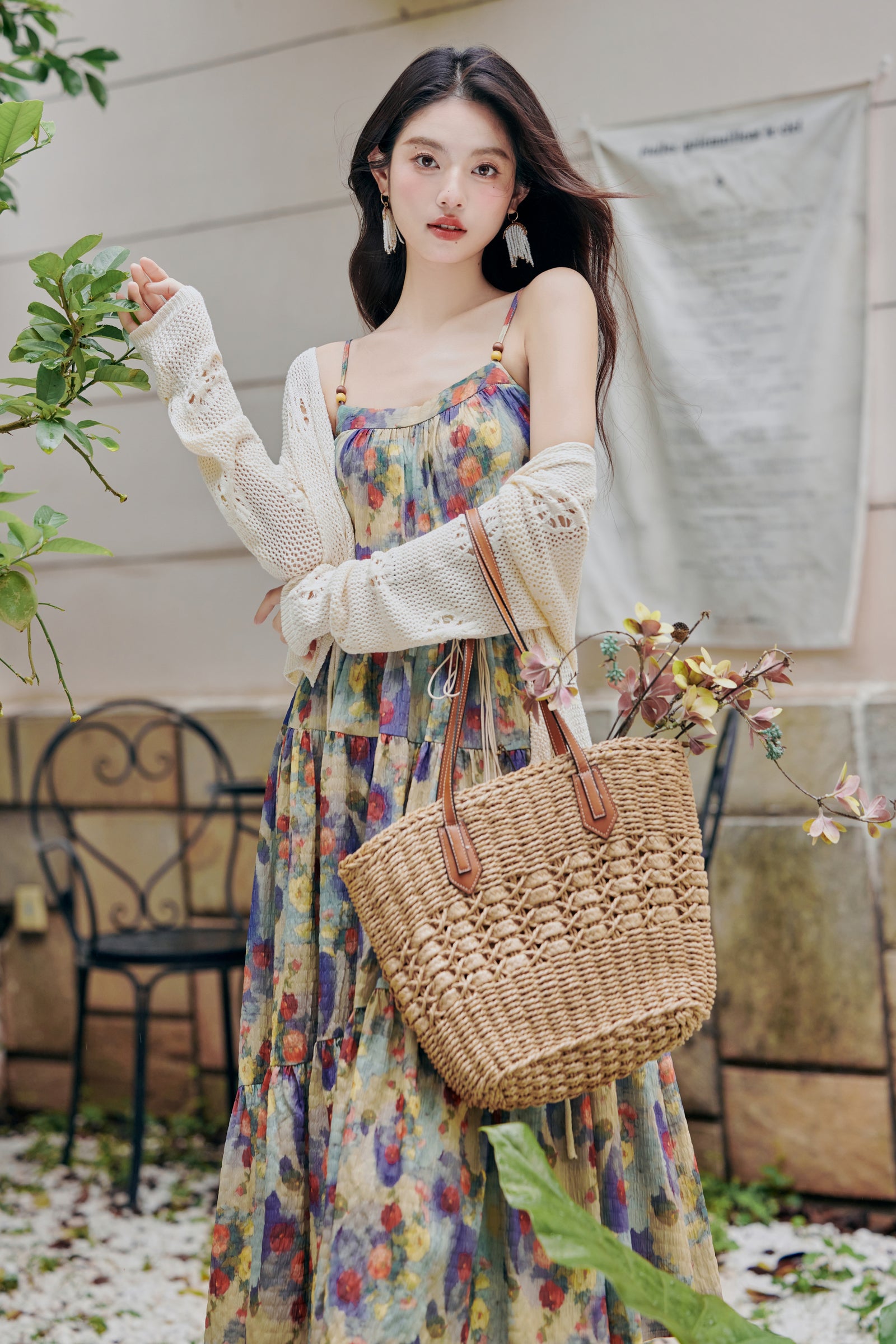 Boho Floral Pleated Spaghetti Strap Midi Dress