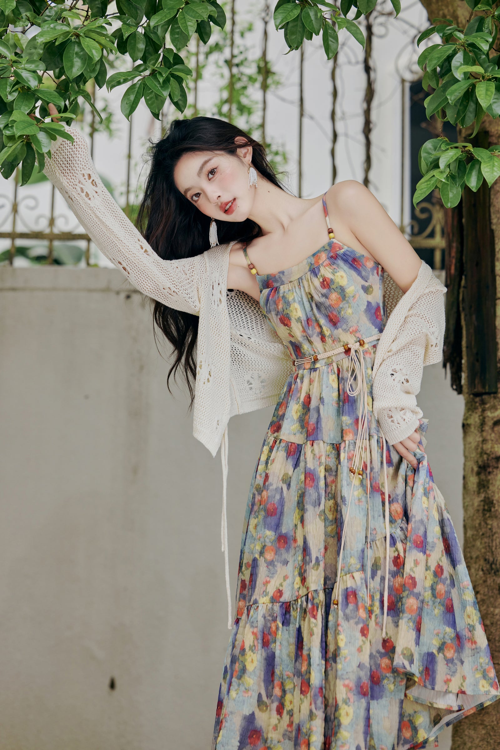 Boho Floral Pleated Spaghetti Strap Midi Dress