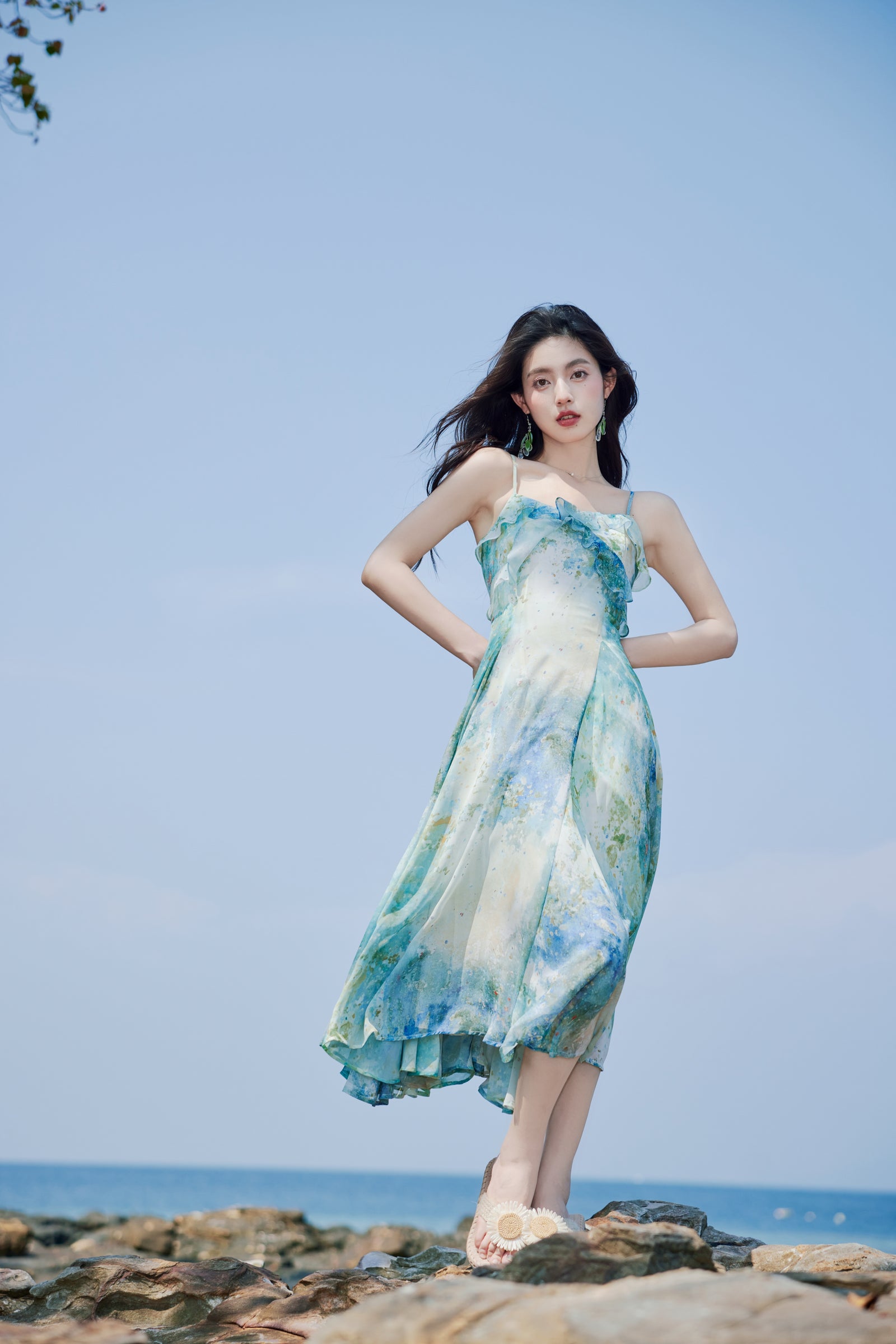 Ocean Blue Ruffled Strap Floral Maxi Dress - Masion Chérie