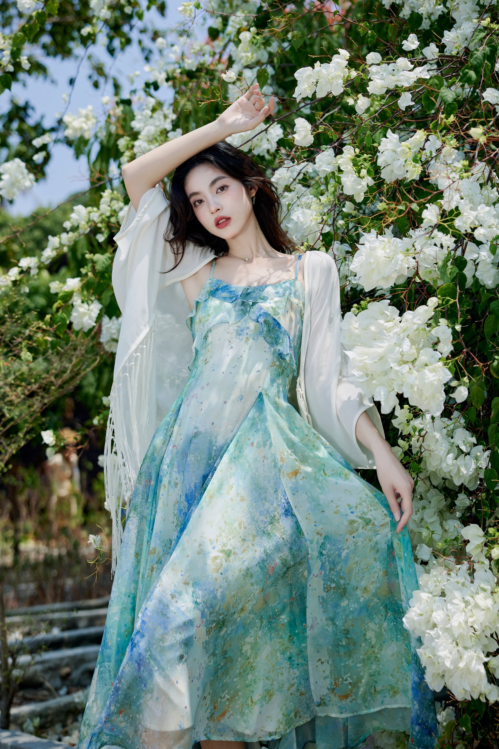 Ocean Blue Ruffled Strap Floral Maxi Dress - Masion Chérie