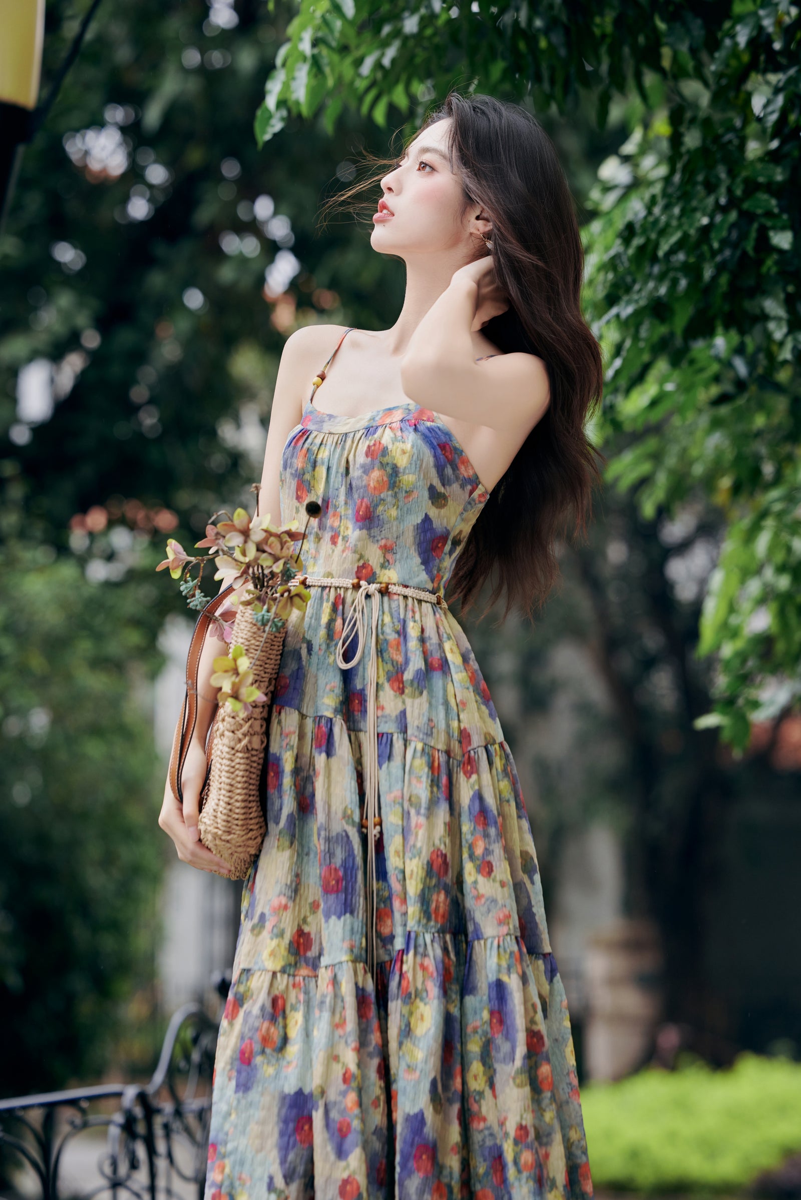 Boho Floral Pleated Spaghetti Strap Midi Dress