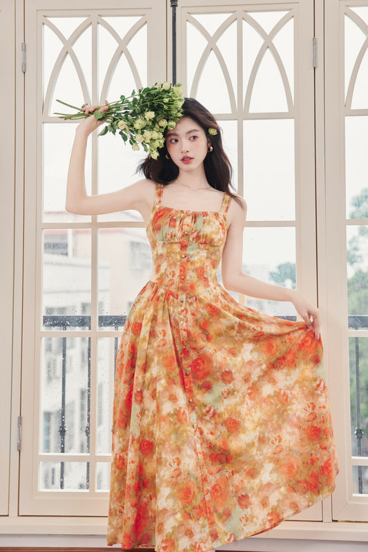 Sunset Floral Smocked Midi Dress - Masion Chérie 