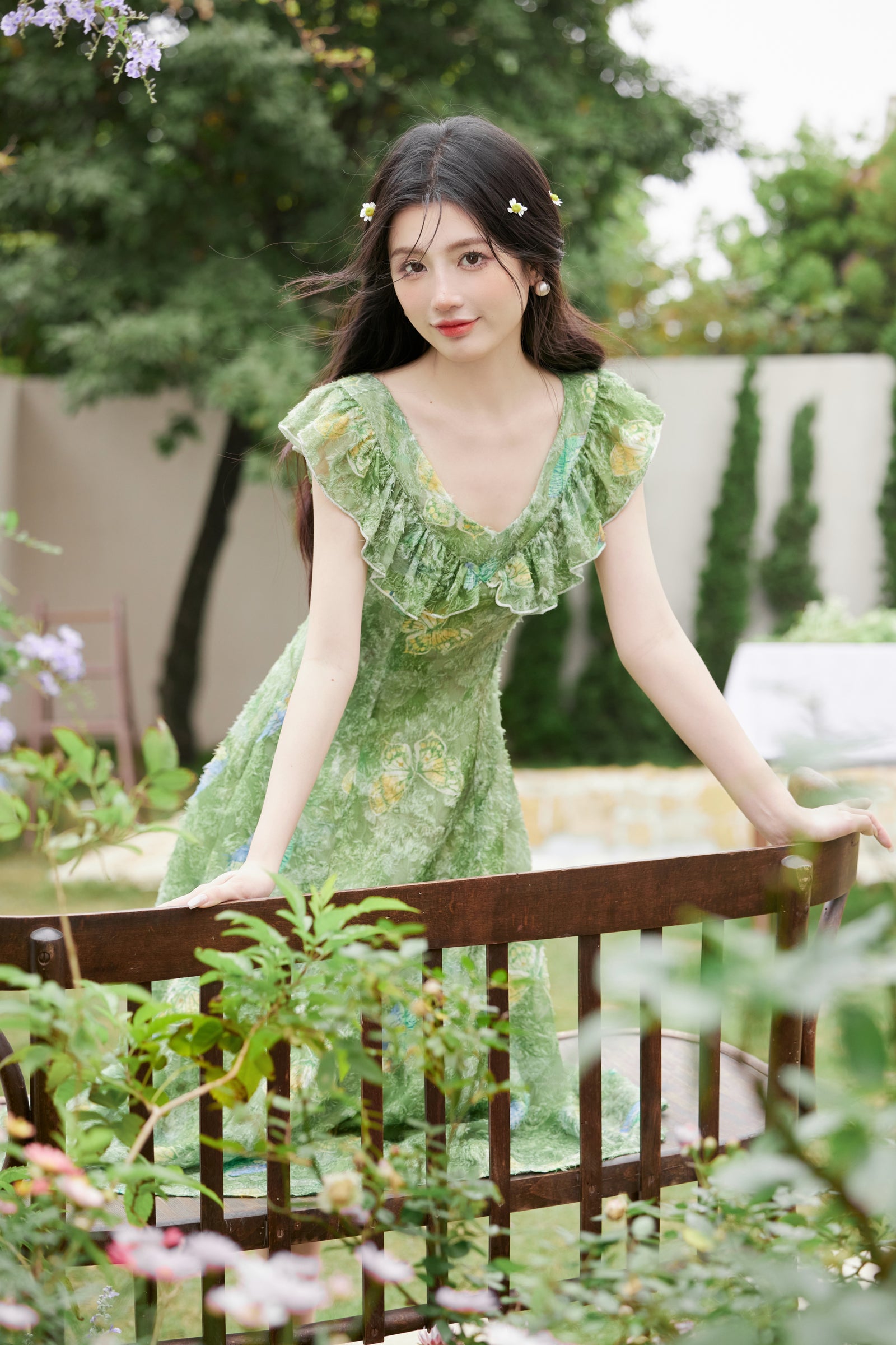 Vintage Green V-Neck Flutter Sleeves Midi Dress - Masion Chérie