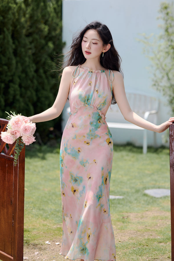 Blush Dream Watercolor Halter Maxi Dress