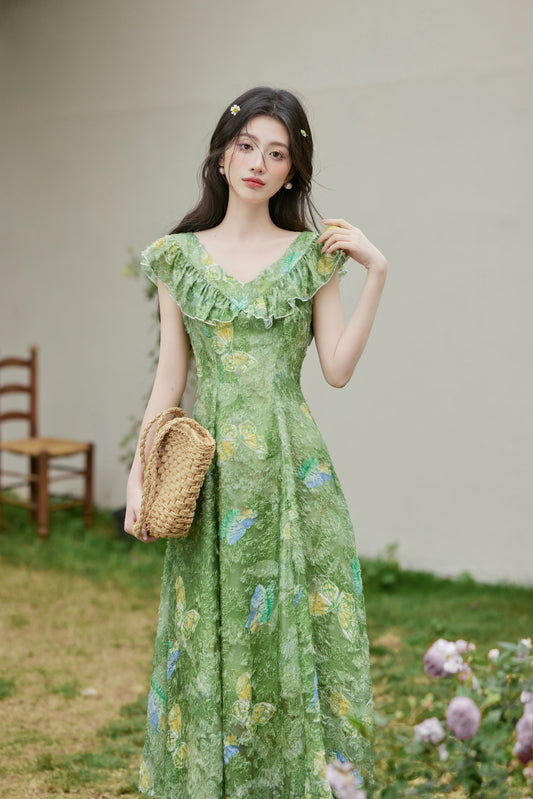 Vintage Green V-Neck Flutter Sleeves Midi Dress - Masion Chérie