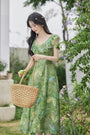 Vintage Green V-Neck Flutter Sleeves Midi Dress - Masion Chérie