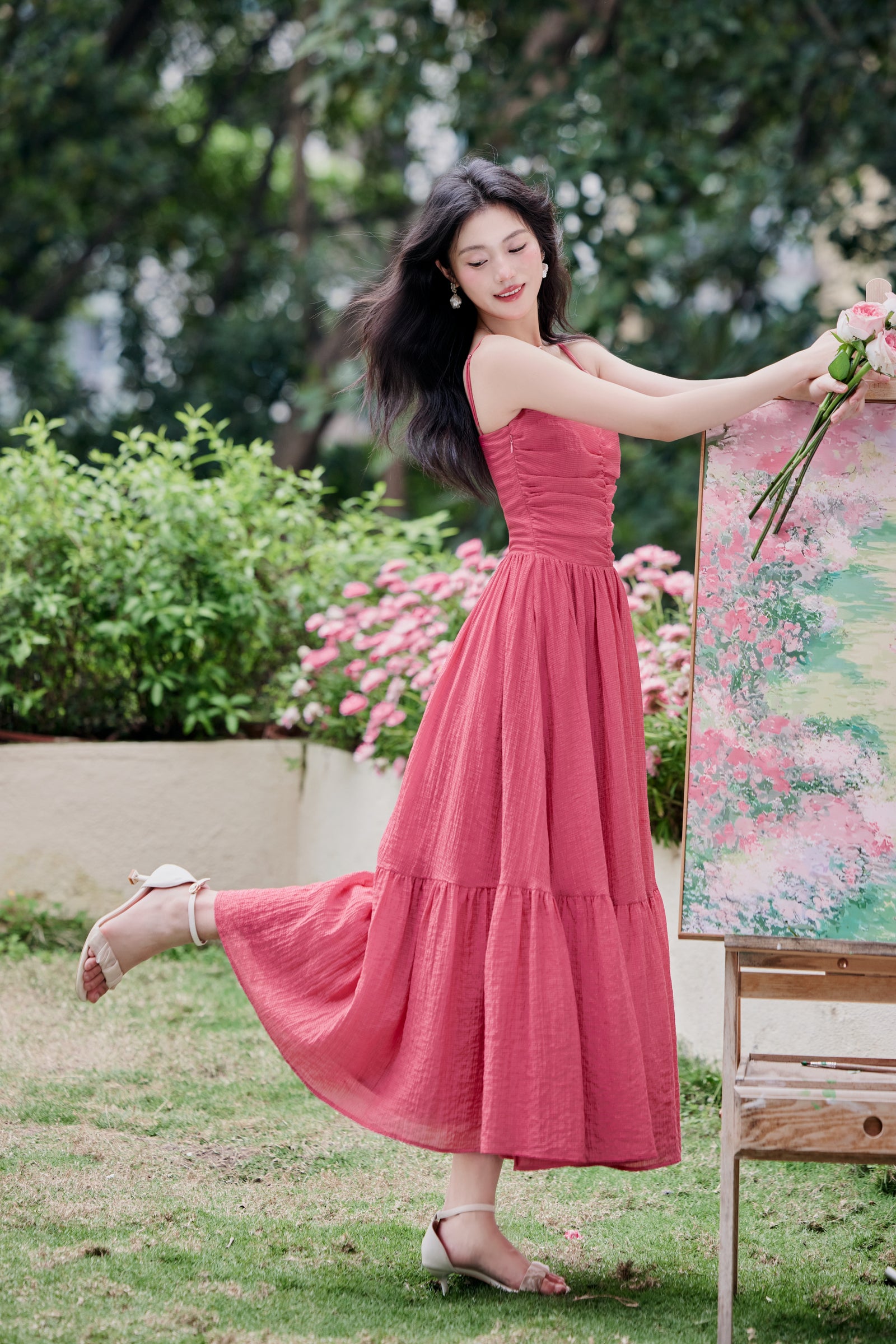 Romantic Raspberry Spaghetti Strap Ruffle Hem Maxi Dress - Masion Chérie