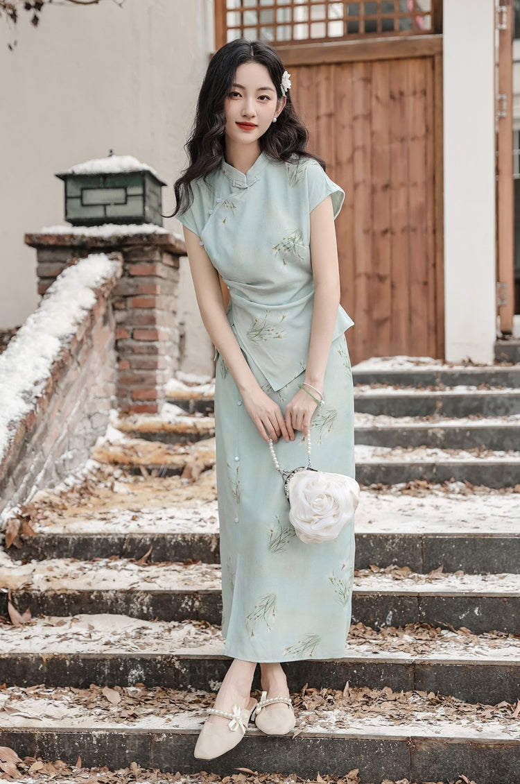 Elegant Mint Green Floral Print Cheongsam Set - Masion Chérie