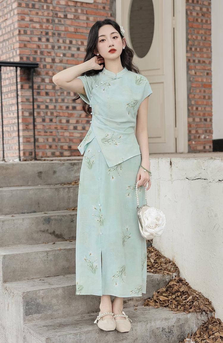 Elegant Mint Green Floral Print Cheongsam Set - Masion Chérie