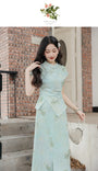 Elegant Mint Green Floral Print Cheongsam Set - Masion Chérie