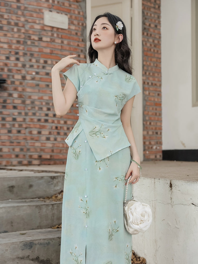 Elegant Mint Green Floral Print Cheongsam Set - Masion Chérie