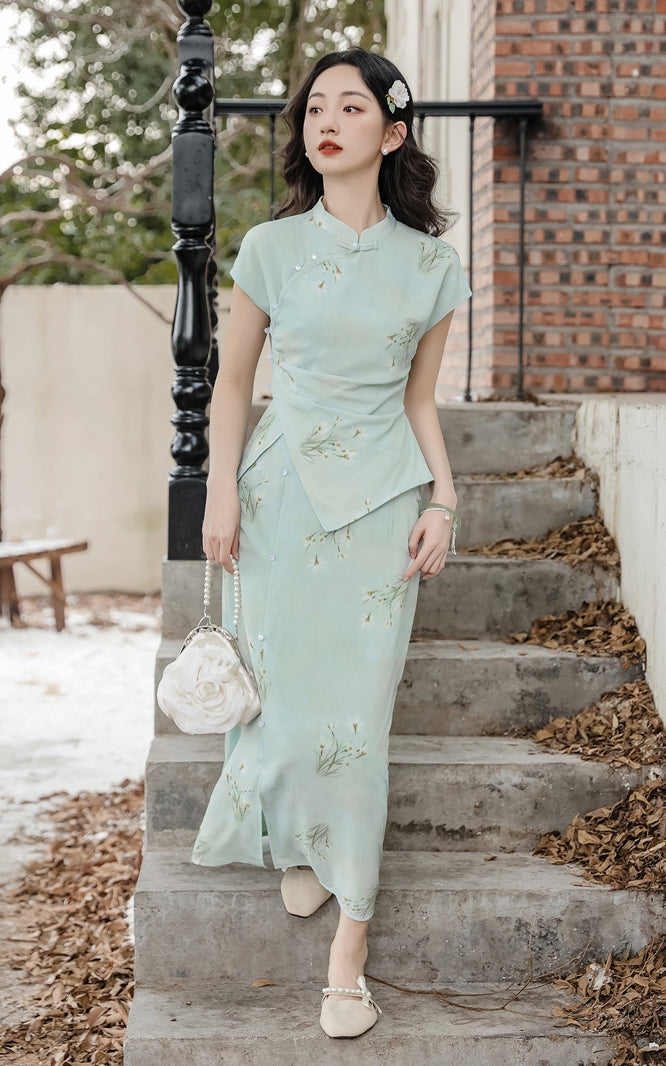 Elegant Mint Green Floral Print Cheongsam Set - Masion Chérie