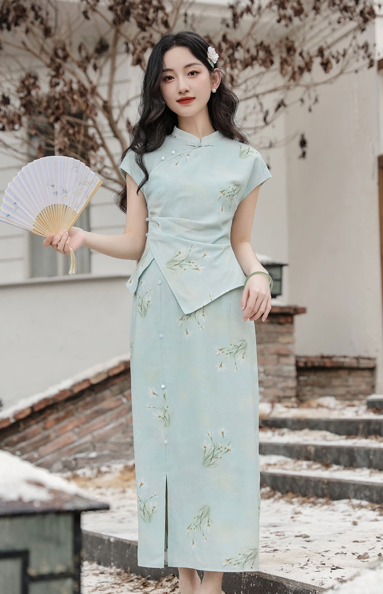 Elegant Mint Green Floral Print Cheongsam Set - Masion Chérie