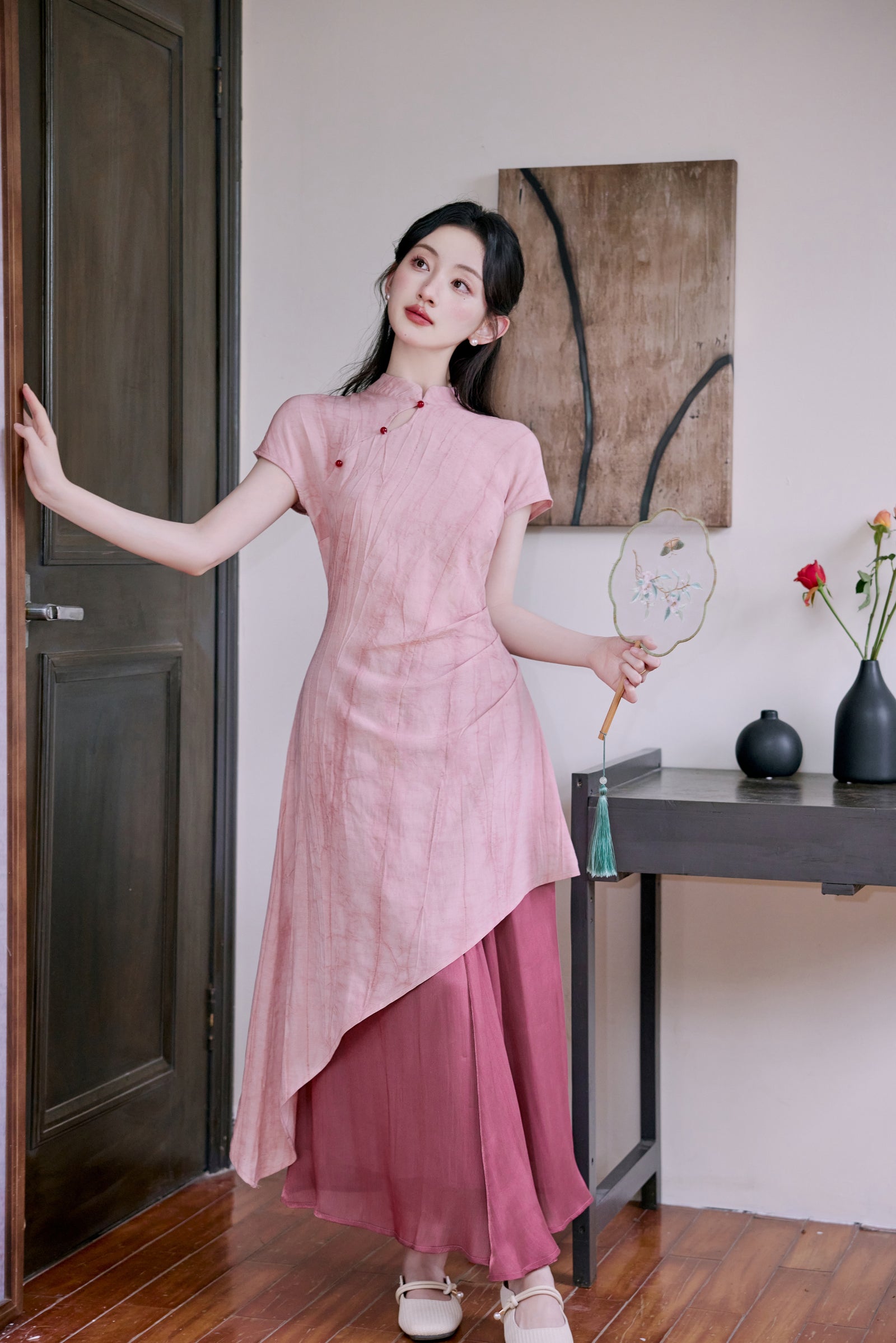 Peach Blossom Asymmetric Cheongsam Dress