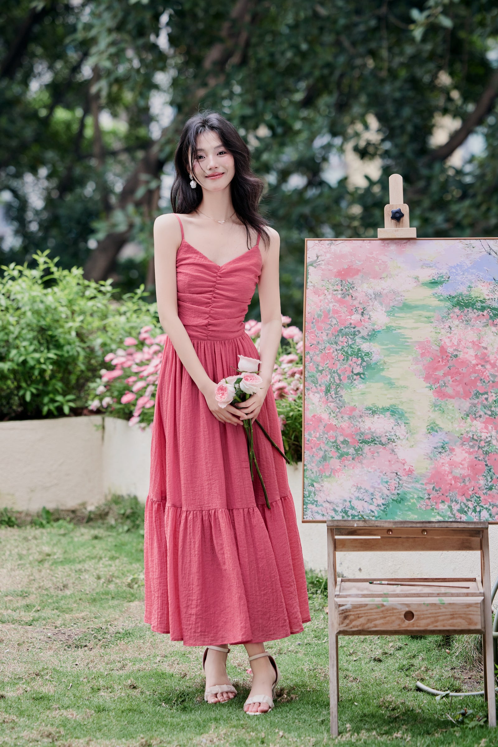 Romantic Raspberry Spaghetti Strap Ruffle Hem Maxi Dress - Masion Chérie