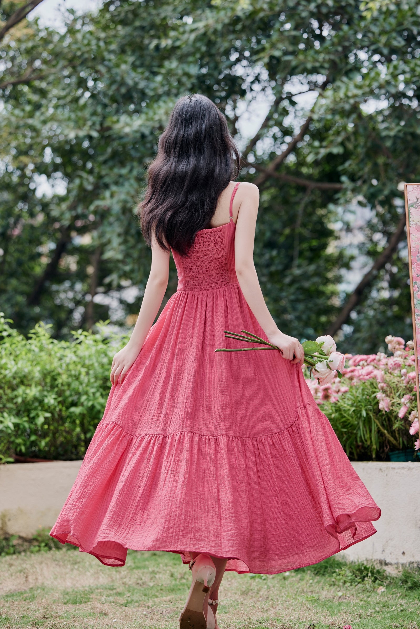 Romantic Raspberry Spaghetti Strap Ruffle Hem Maxi Dress - Masion Chérie