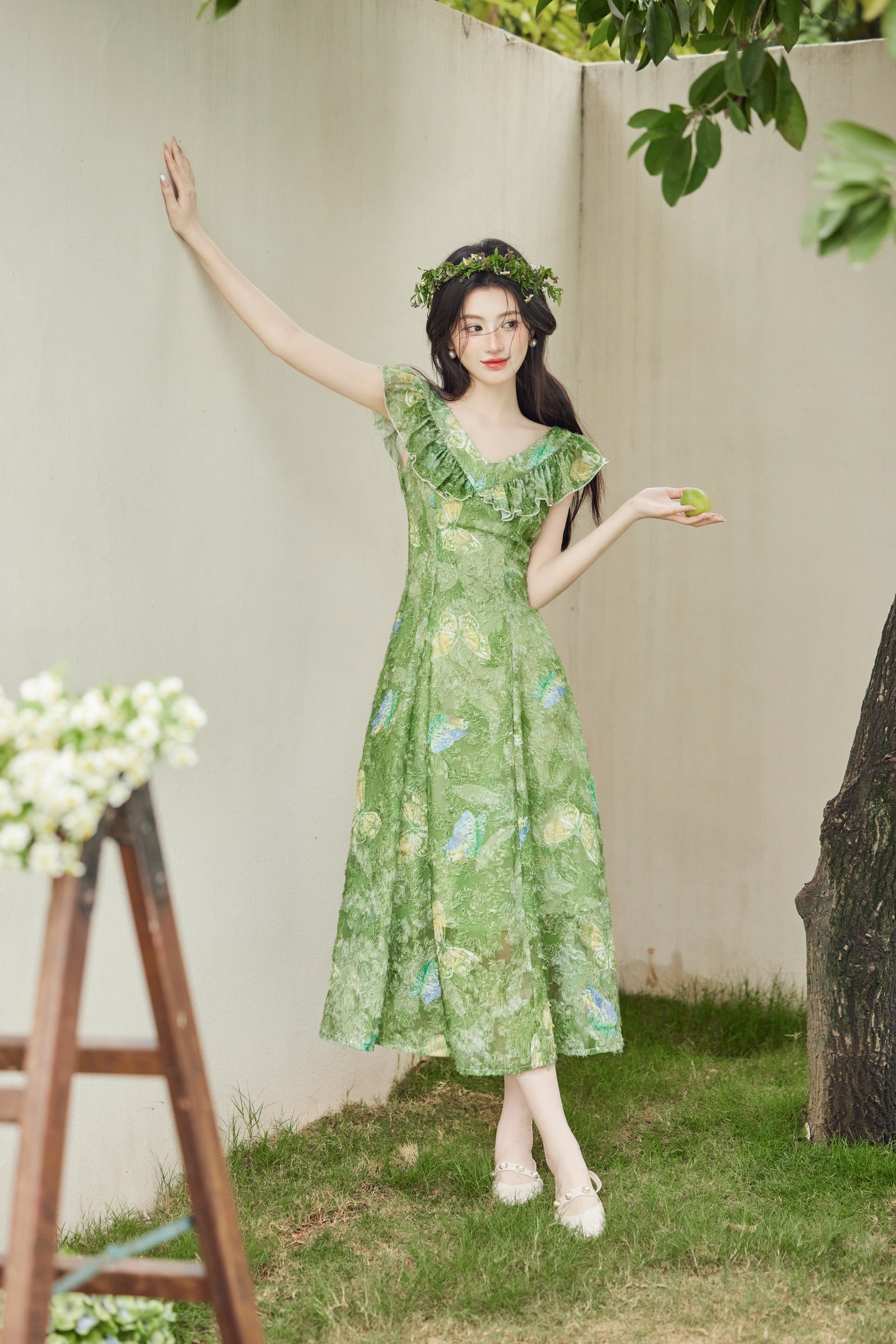 Vintage Green V-Neck Flutter Sleeves Midi Dress - Masion Chérie