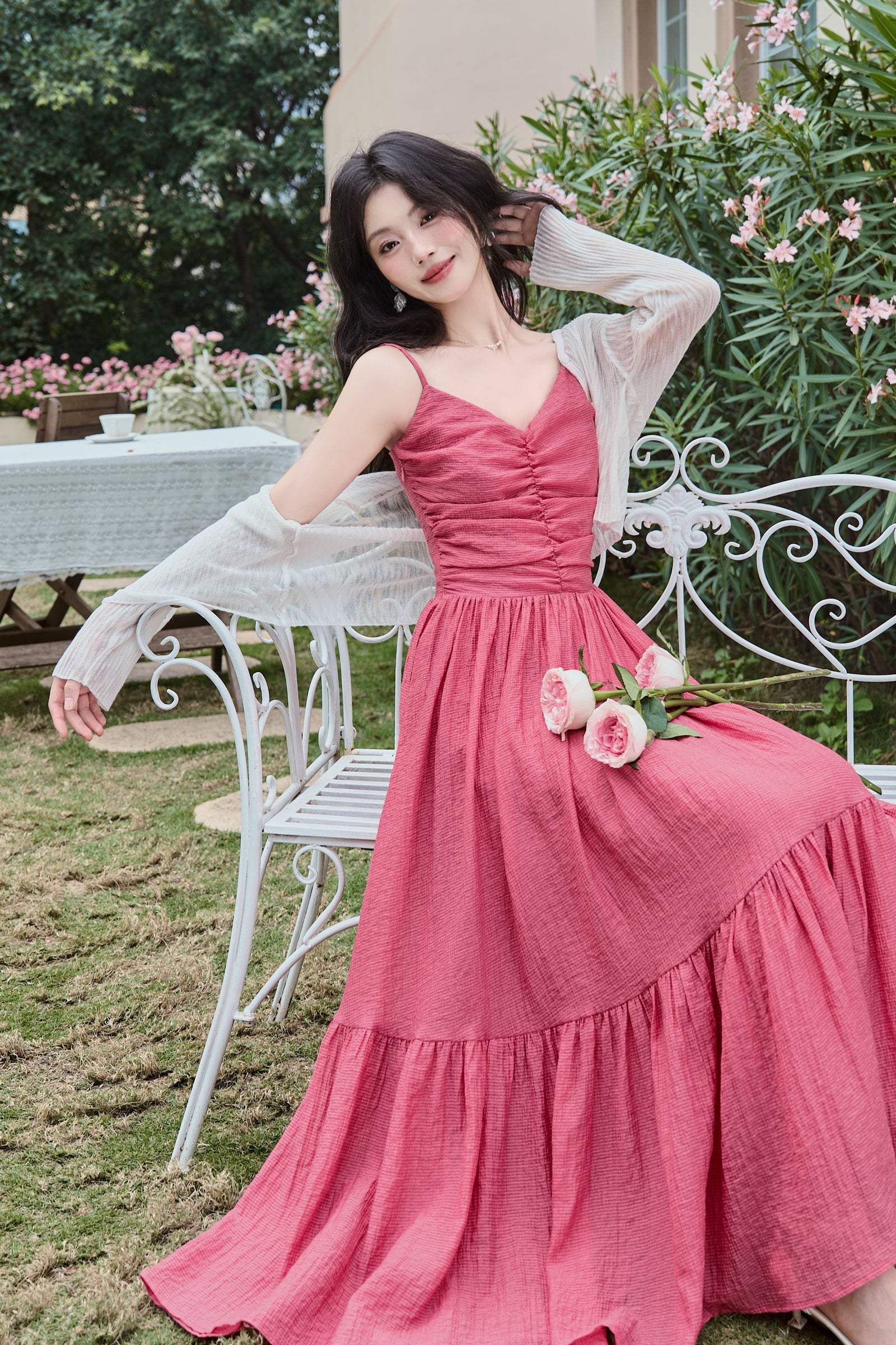 Romantic Raspberry Spaghetti Strap Ruffle Hem Maxi Dress - Masion Chérie