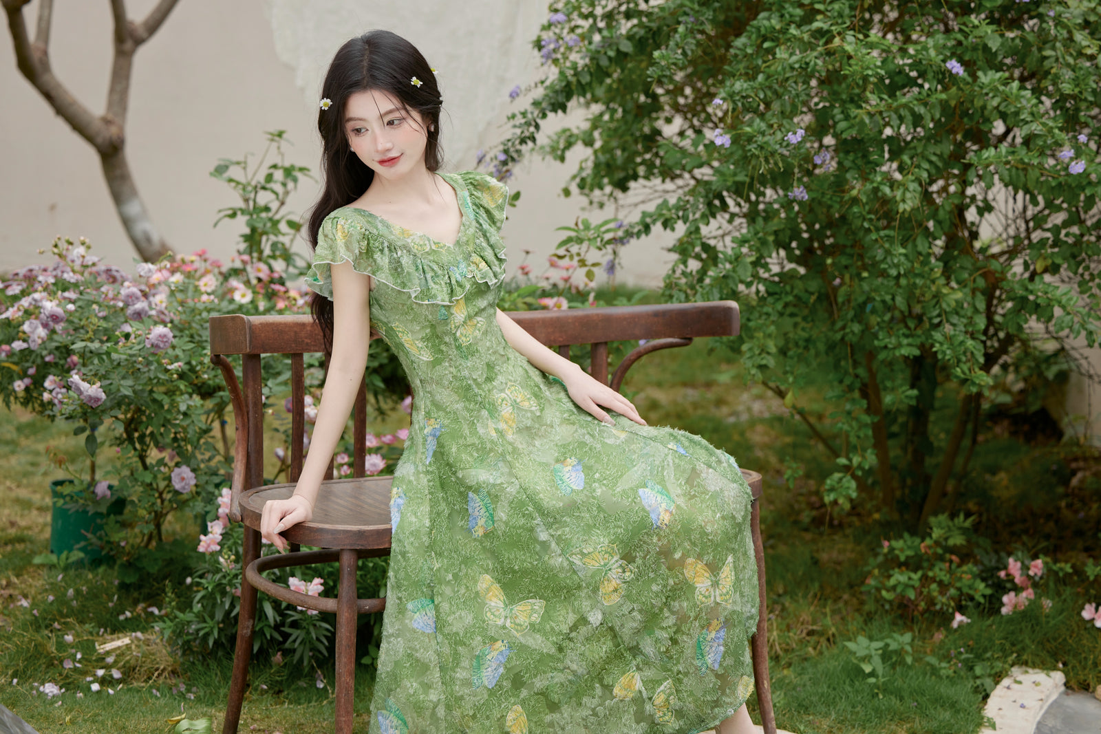 Vintage Green V-Neck Flutter Sleeves Midi Dress - Masion Chérie