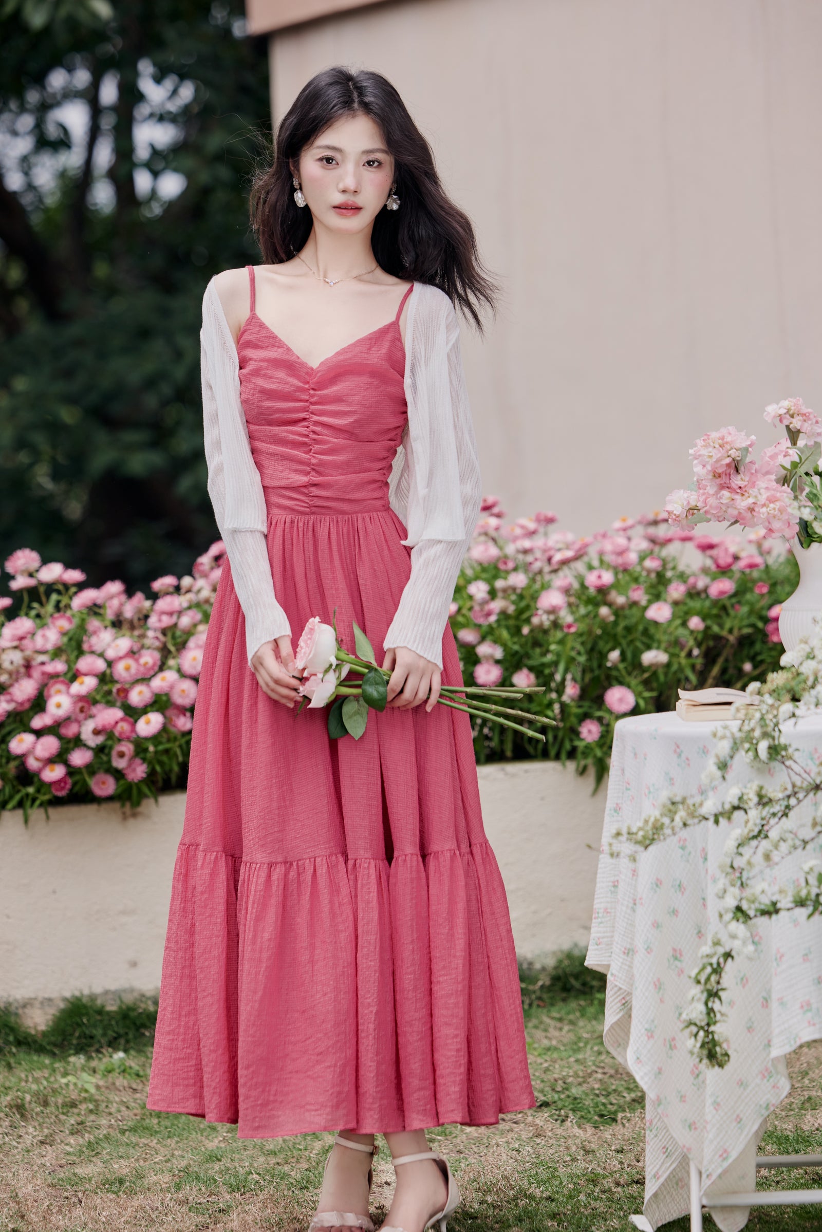 Romantic Raspberry Spaghetti Strap Ruffle Hem Maxi Dress - Masion Chérie