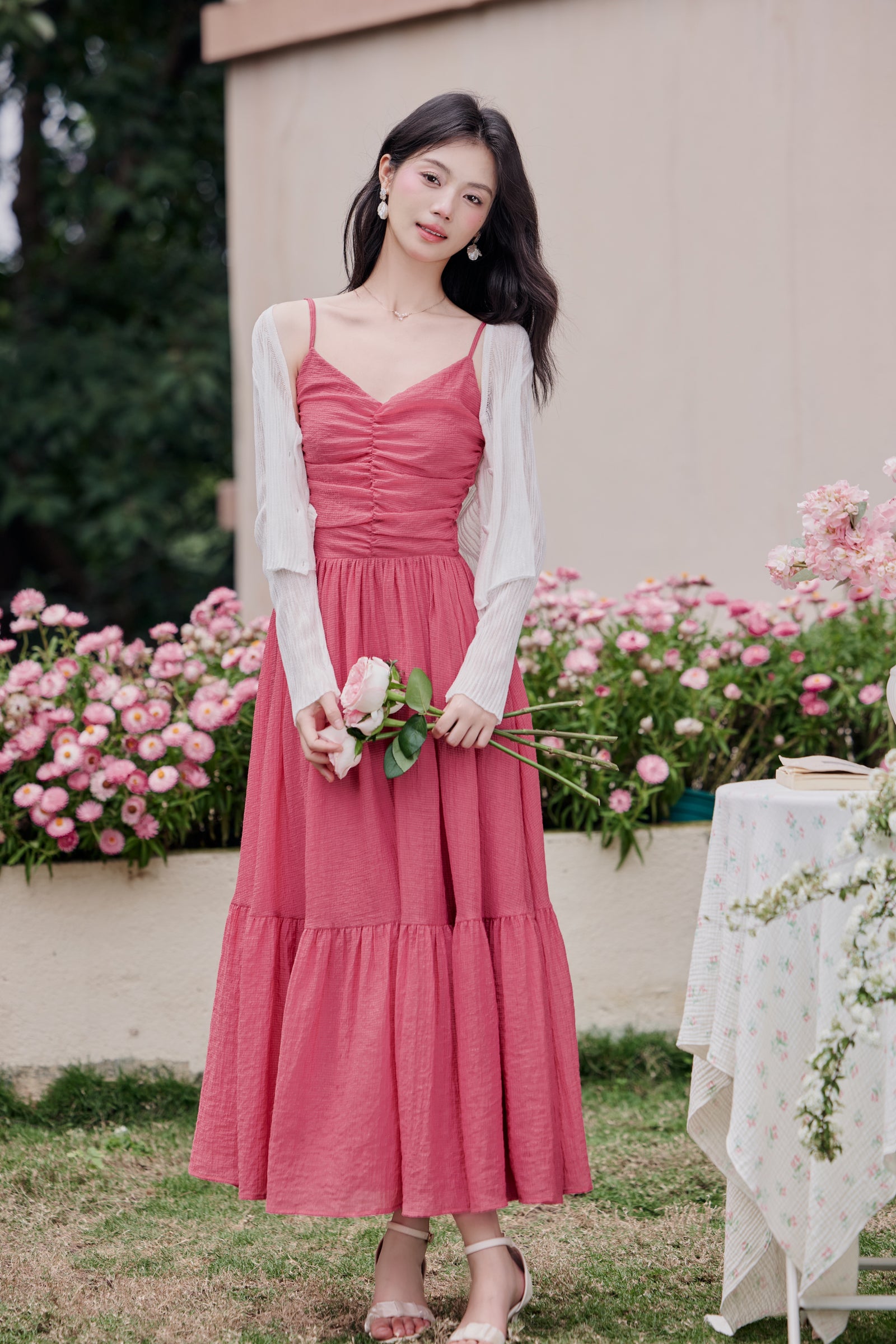 Romantic Raspberry Spaghetti Strap Ruffle Hem Maxi Dress - Masion Chérie