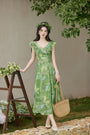 Vintage Green V-Neck Flutter Sleeves Midi Dress - Masion Chérie