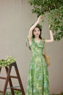 Vintage Green V-Neck Flutter Sleeves Midi Dress - Masion Chérie