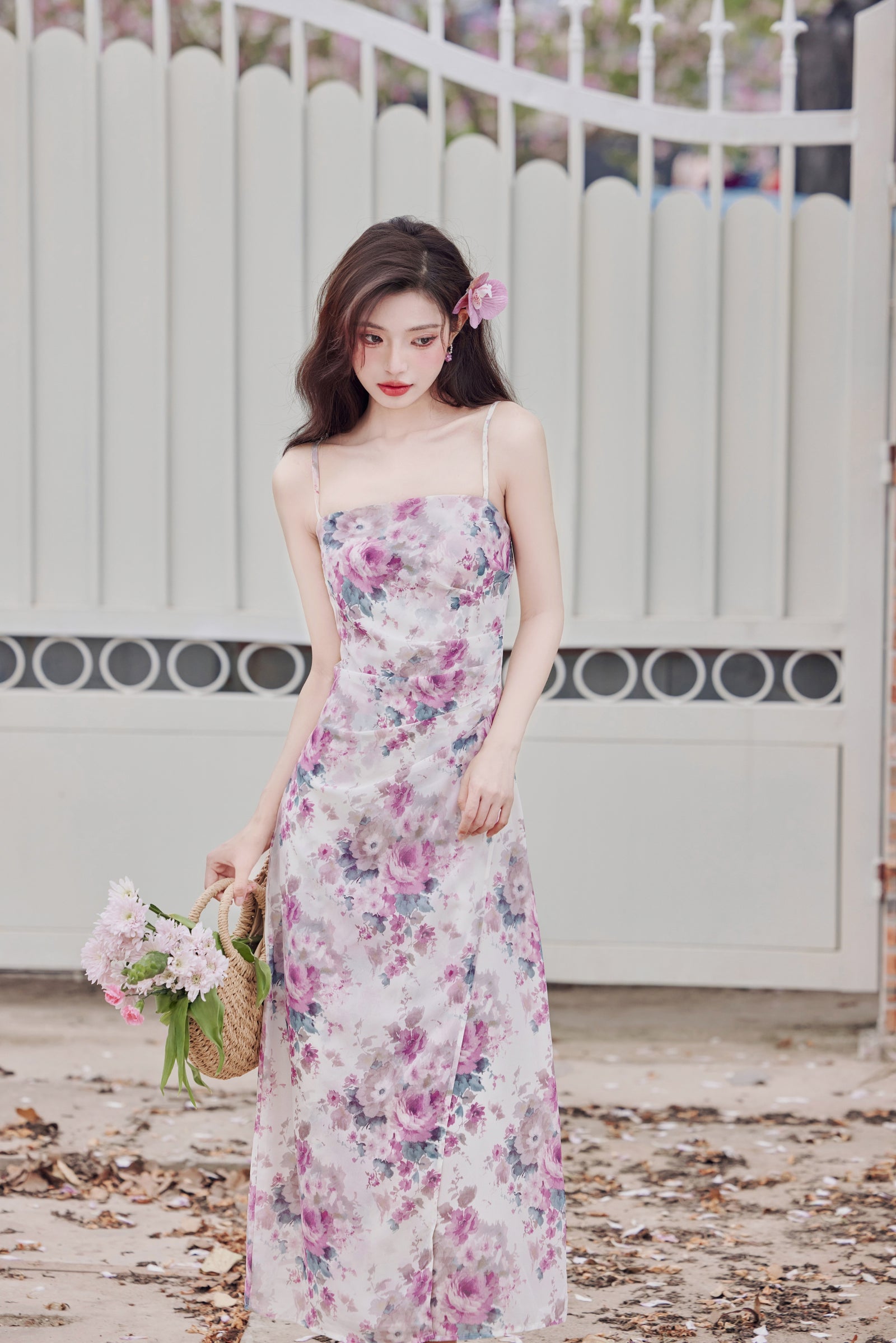 Vintage Pastel Floral Spaghetti Strap Midi Dress - Masion Chérie