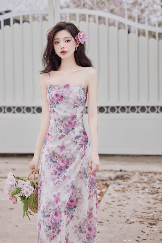 Vintage Pastel Floral Spaghetti Strap Midi Dress - Masion Chérie