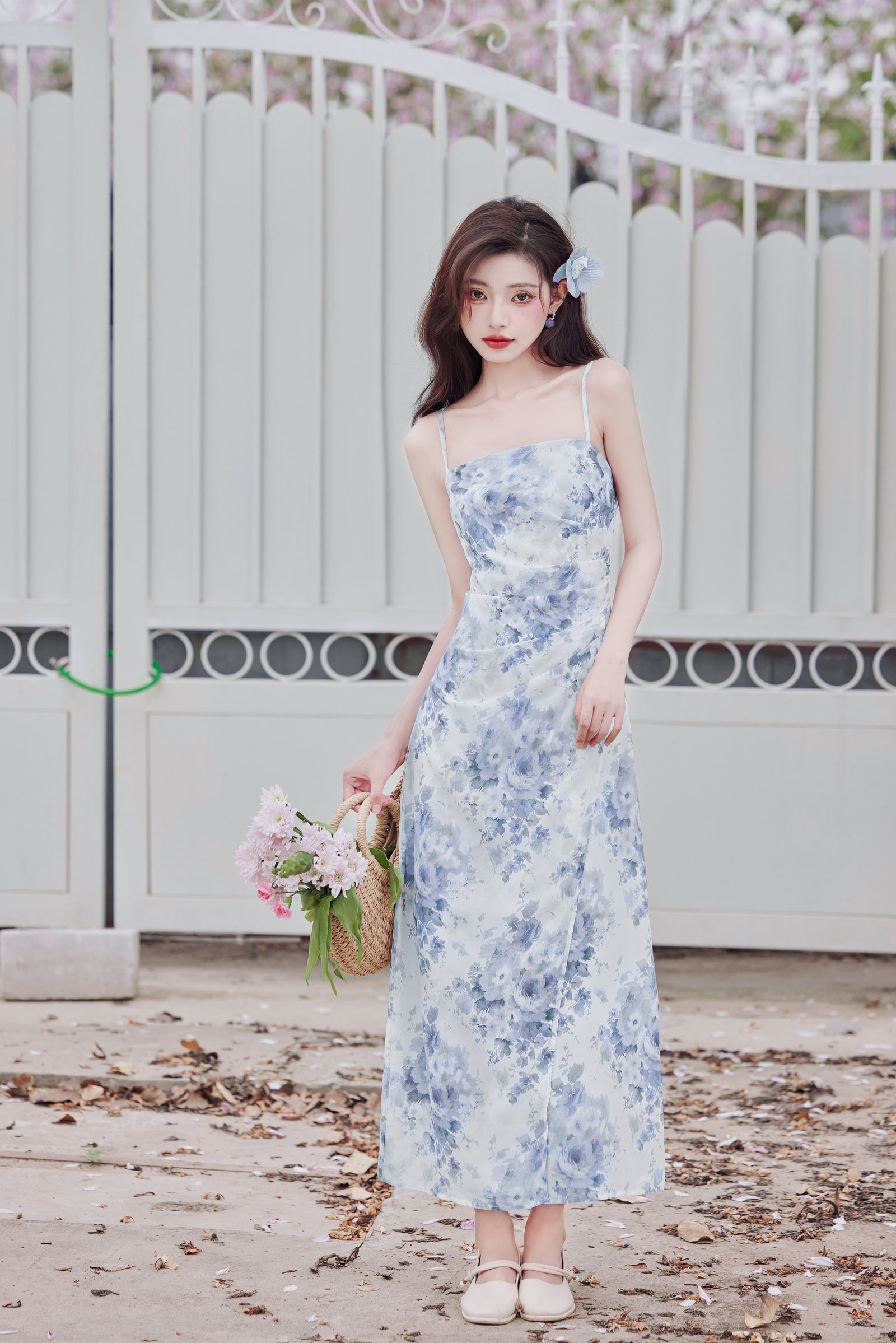 Angelic Blue Rose Watercolor Sleeveless Maxi Dress